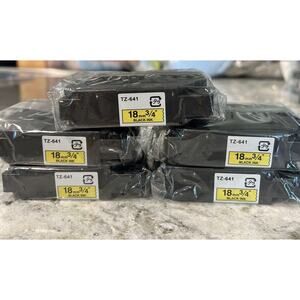 Lot Of 5 Brother P-Touch Tape Cassette TZ-641‎ Black Print on Yellow 3/4”, 18mm
